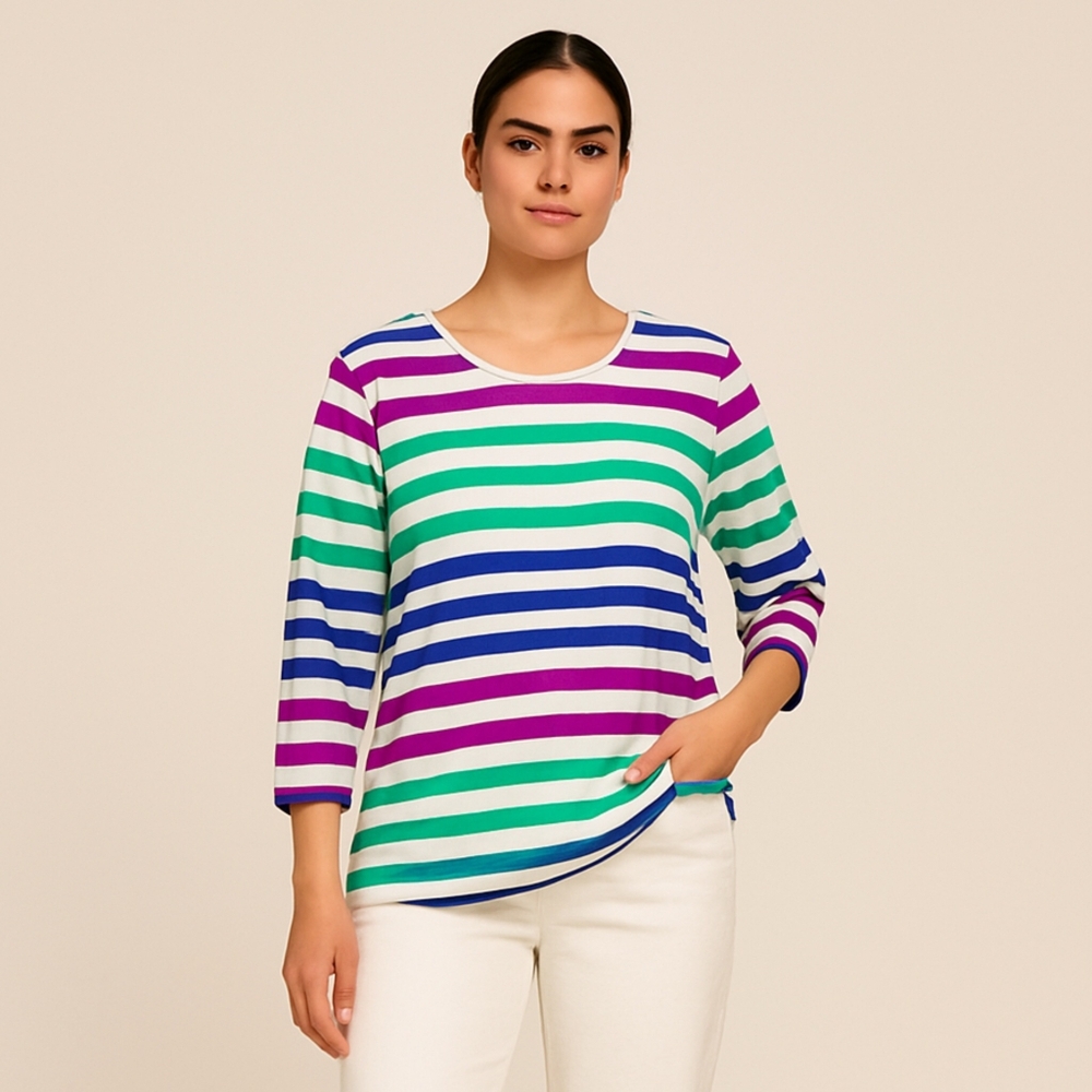 Denim & Co  Striped Top Purple Green White 3/4 Sleeves MED.